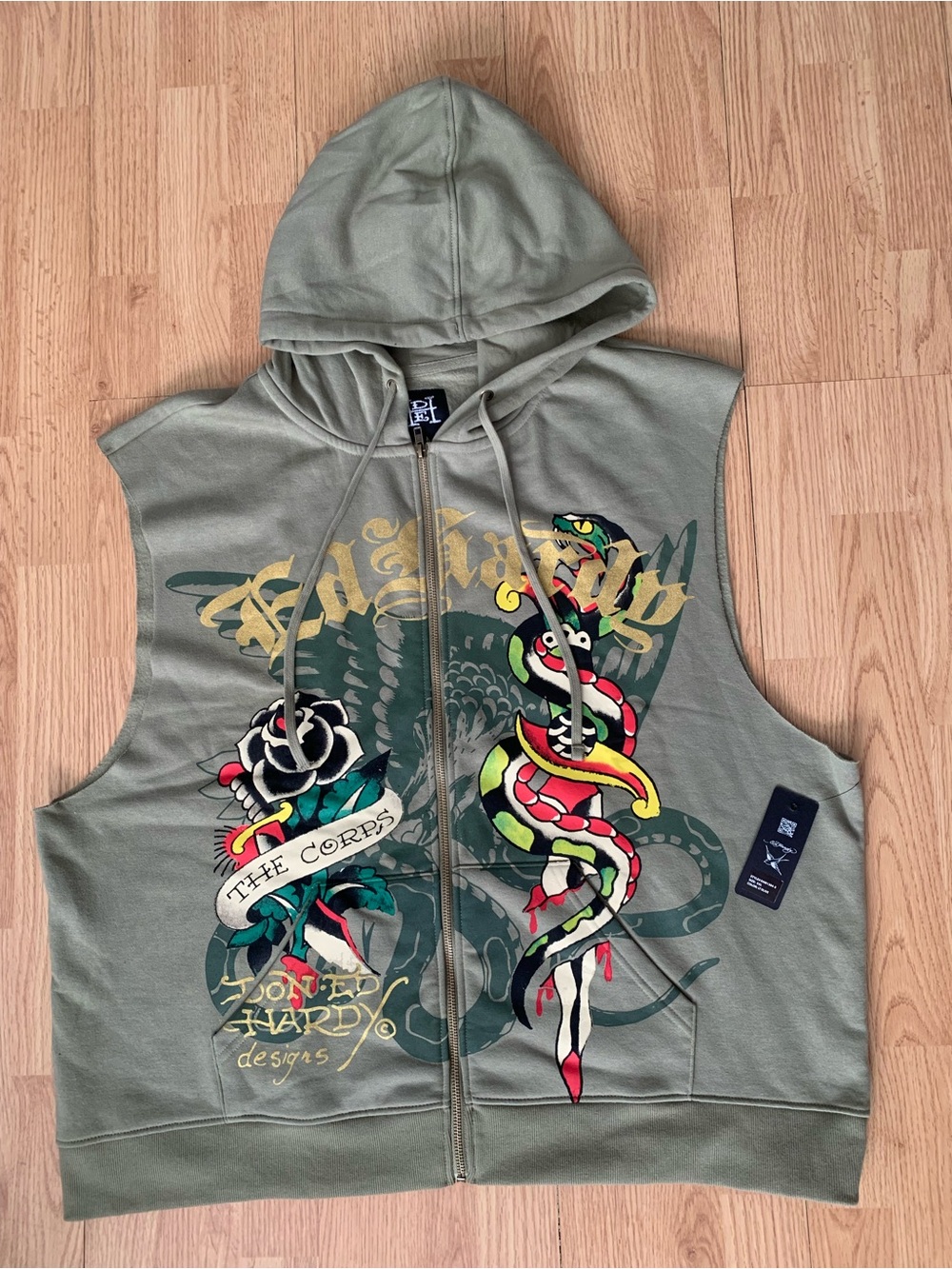 Ed Hardy Men’s XXL Dagger Rose Fleece Cut Off Hoodie Olive Green Vest Zip Pocket